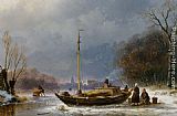 Andreas Schelfhout Famous Paintings - A Wintry Scene with Figures near a Boat on the Ice